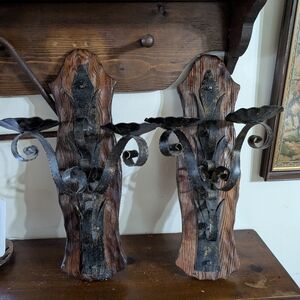 Vintage Spanish Revival Brutalist Wood & Wrought Iron Double Wall Sconce Gothic